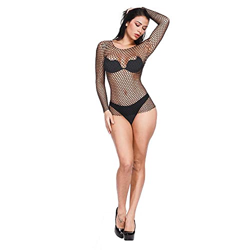 Lingerie Sexy Arrastão Plus Size para Mulheres Body Out Mesh Mangas Compridas Elegante Sedutora Cuec