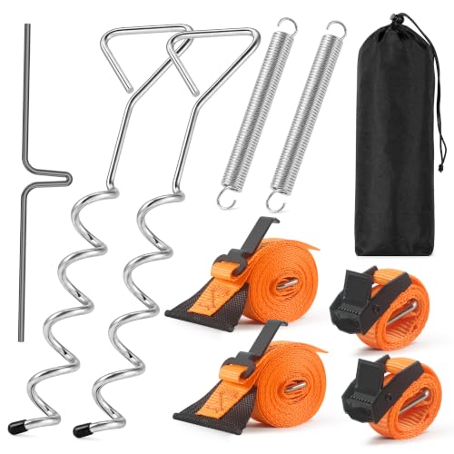 Graxury Storm Straps Tie Down Kit for RV Awning - Slide Out Awning Kit Accessories for Truck Trailer Campers with 16in Screw Anchor Adjustable Strap Spring & T-handle Wrench