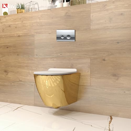 Lavita Duofix Basic Vorwandelement + Wand Tiefspül WC Sofi Slim Gold/Weiß Spülrandlos + WC Sitz + Bedienplatte Delta 25 Verchromt Knopf Komplettset Unterputz Spülkasten Toilette Komplett Sett WC – Bild 8
