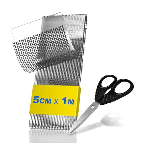 teeppo Fliegengitter Reparatur Klebeband Set 1m - Insektenschutz Fliegengitter Reparatur Set - Stark Selbstklebend Glasfaser - Verhindern Moskitos Insekten - Inklusive Schere - Grau (1m x 5 cm)