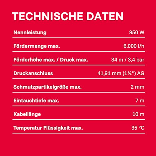 T.I.P. Drain 6000/36 Edelstahl-Tauchdruckpumpe, 950 W Klarwasser-Pumpe mit 6.000 l/h Förderleistung, 34 m Förderhöhe (3,4 bar), 10 m Kabel, 7 m Eintauchtiefe, für Zisterne, Garten, Haus & Bewässerung