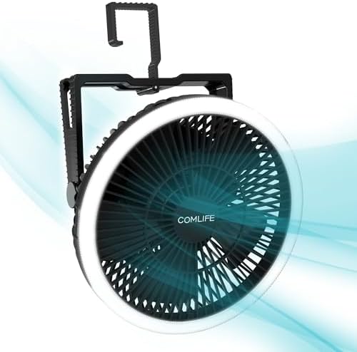 Camping Fan with LED Lantern, 8-Inch Portable Camping Fan, 10000mAh Rechargeable Battery Operated Tent Fan, 3 Speeds Table Fan with Light & Hook for Camping RV Travel Jobsite Hurricane Power Outage