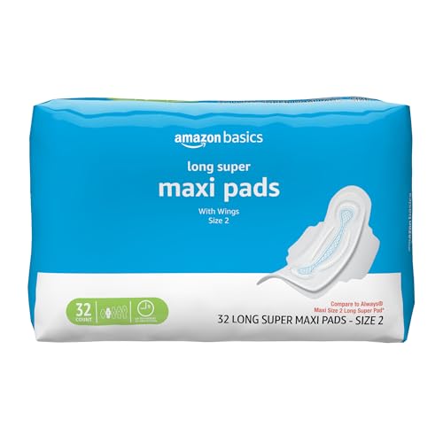 Image of Amazon Basics Feminine Maxi Pads with Flexi-Wings for Periods, Long Length, Super Absorbency, Unscented, Size 2, 32 Count, 1 Pack (Previously Solimo)