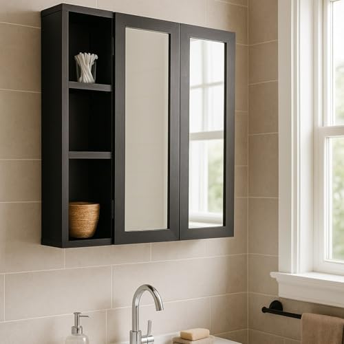 Dylex Wall Mounted Bathroom Mirror Cabinet with Double Doors & Adjustable Shelves Black Wooden Storage Unit with Side Open Shelves Modern Bathroom