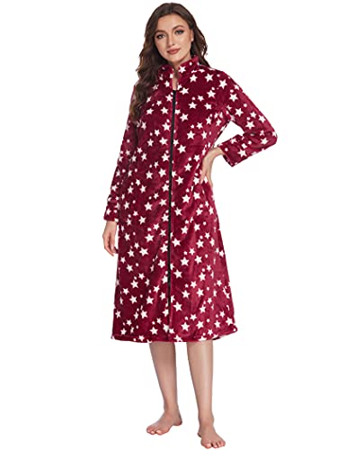 Ekouaer Long Plush Bathrobe Zip Up Front Robe Long Lightweight Loungewear With Pockets Red Stars Large #TOP2