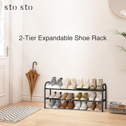 Image of STO STO Expandable Shoe Rack, 2-Tier Metal Small Shoe Rack for Closet, Up to 12 Pairs Adjustable Shoe Rack Storage for Front Door Entrance, Free Standing Shoe Rack Organizer for Entryway, Black