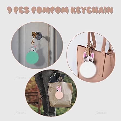 Auear, 9 Pack Animal Pom Pom Keychain Faux Fur Key Rings Cute Fluffy Key Ring For Women #TOP3