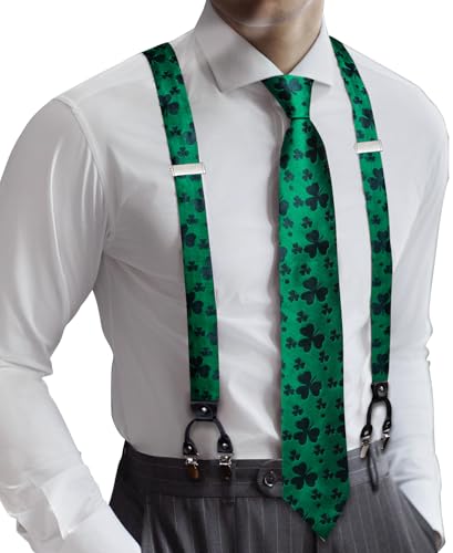 Barry.Wang Mens Adjustable St. Patrick's Day Clover Suspenders Tie Clip Set with Elastic Straps Y