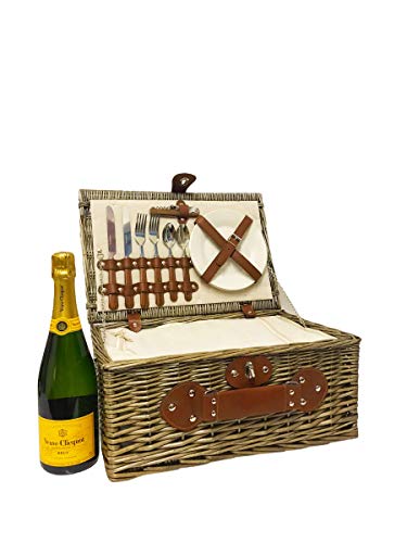 Veuve Clicquot Champagne 75cl in a 2 Person Cream Chiller Wicker Picnic Basket Set - Includes Built in Chiller Compartment