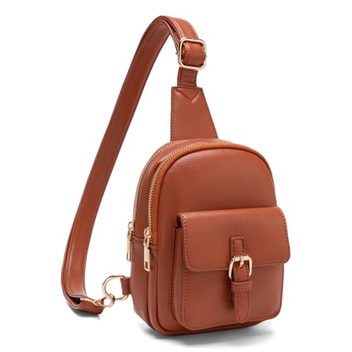 Small Sling Bag Fanny Pack for Girls Vegan Leather 3 Pockets Crossbody Purse for Women Gift for Teen Girls Stuff Brown