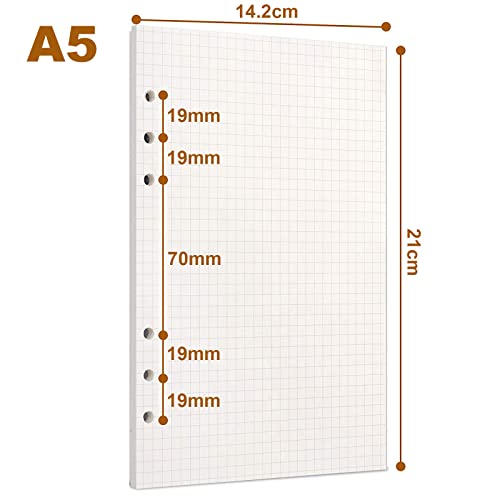 CYH 3 Stück Nachfüllpapier A5, 6 Löcher, Nachfüllpapier, kariert, mobile Blätter für A5, nachfüllbar, Tagebuch, Notizbuch, Kalender, 135 Blatt/270 Seiten, Weiß, (Rutig)