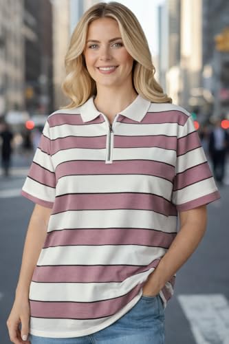 Image of Mack Jonney Women's Striped Polo T-Shirt | Half Zip Collar | Half Sleeve Cotton Casual Top | Relaxed Fit-M7496