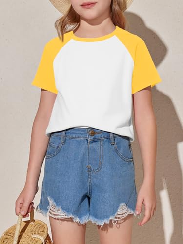 Image of Imily Bela Kids Girls T Shirts Casual Raglan Short Sleeve Crewneck Color Block Summer Tees 5-14 Years