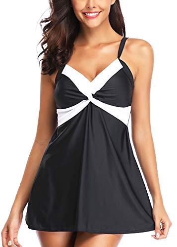 AOQUSSQOA Femme Tankini épaule Robe Grande Taille était Mince Robe à Rayures Blanches et Noires (Bowknot, 4XL) Cover