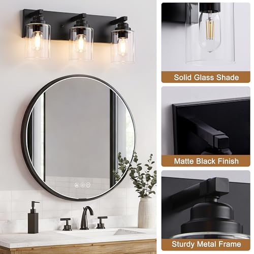 Image of Black Bathroom Light Fixture, 3 Light Matte Black Vanity Light, 18.8 inch Modern Farmhouse Bathroom Lighting Fixtures Over Mirror, with Clear Glass Shade, Vanity Lights for Bathroom, Bedroom, Hallway