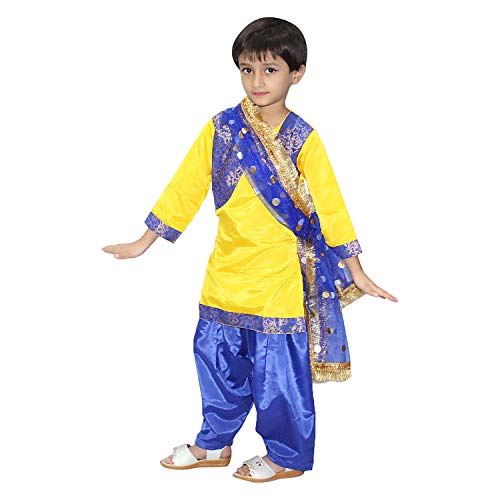 Image of Kaku Fancy Dresses Punjabi Folk Dance Costume For Kids /Salwar Suit With Dupatta For Girl Costume - Yellow & Blue, 10-12 Years