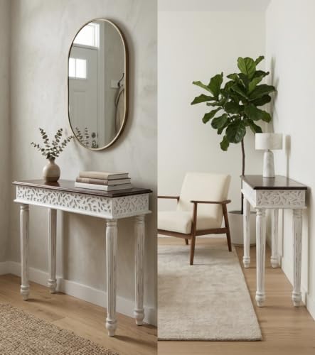 Image of Solid Wood Side Tables Console Sofa Tables End Table /Coffee Snack Console Table for Living Room, Hallway (Anique White&Walnut Brown)
