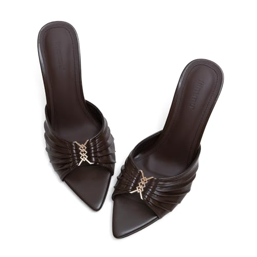 Image of iiimmu 3.5 IN Stiletto Mules High Heels with Pointed Peep Toe Heeled Sandals Faux Leather