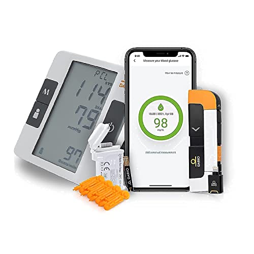 Bundle & Save Dario Diabetes Blood Glucose Meter Kit. Test Blood Sugar Estimate A1c. All-in-One Smart Blood Sugar Monitor Test Strips + Lancets (iPhone Only) + Bluetooth Blood Pressure Monitor