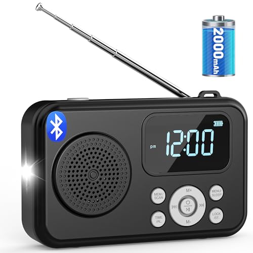 2000mAh Rechargeable AM FM IPX4 Waterproof Radio with Bluetooth Speaker Portable Pocket Transistor Radio with Digital Tuning,Flashlight,LCD Screen,Earphone Jack, Sleep Timer and Alarm Clock for Jog
