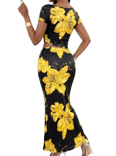 Image of BARASA Two Piece Sets For Women Summer Vacation Sexy Bodycon Outfits DS75 | Elegant Asymmetrical One Shoulder Crop Top And Ruched High Waist Long Maxi Skirt Set For Women Summer Vacation