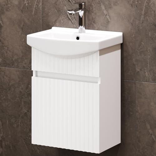 Planetmöbel lavabo avec Meuble Bas 45 cm avec Vasque en céramique, amoire sous-lavabo Suspendu pour Petites salles de Bains et WC invités, Blanc Mat