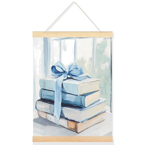 Books With Blue Bow Canvas Wall Art Bookworm Soft Blue