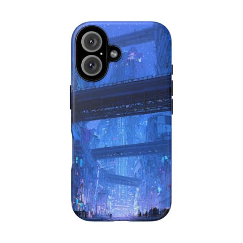 Coque rigide mate iPhone 16 Bleu Futuristic City Street anti-rayures