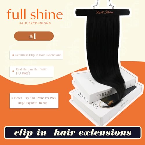 Image of Full Shine Thick Seamless Clip in Hair Extensions, 140g 18 Inch Jet Black | 8 Pcs,Remy Human Hair,Invisible PU Weft,Balanced Everyday Volume for Fine to Medium Hair,Full Head Coverage