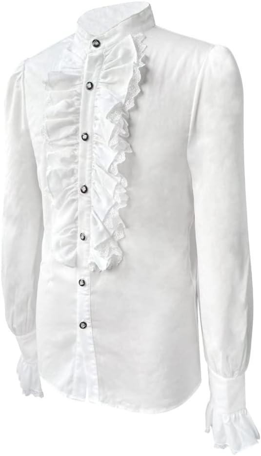 Men's Steampunk Vintage Jacket Gothic Victorian Ruffled Blouse Shirt Vintage Long Sleeve Corset Top XX-Large White