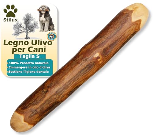 Stilux® Osso in legno d'ulivo per cani fino a 10 kg, taglia S, giocattolo da masticare per cane, masticativo 100% naturale bagnato in olio d'oliva, ideale per l'igiene dentale