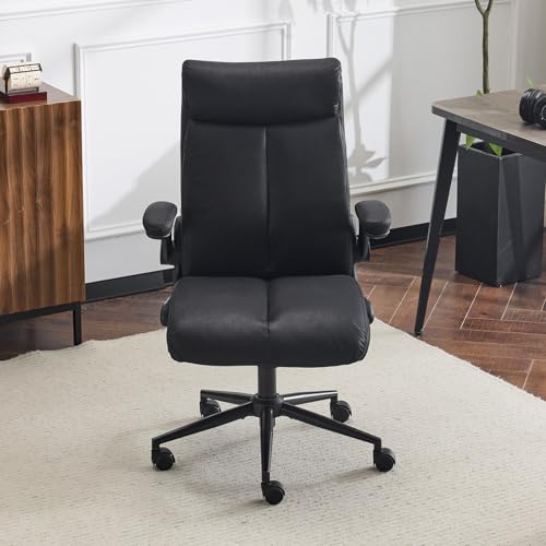 Bonnlo Chaise de Bureau, Fauteuil avec Accoudoir Pliables, Siège avec Mécanisme à Bascule, Fauteuil Bureau avec roulettes Pivotantes (Cuir, Noir)