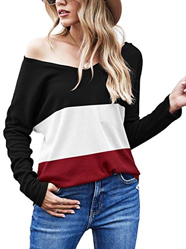 Aifer Womens Waffle Knit Shirts Casual Tops Long Sleeve Cute Off Shoulder Pullover Sweater Tops (Wine red&White&Black, Large)