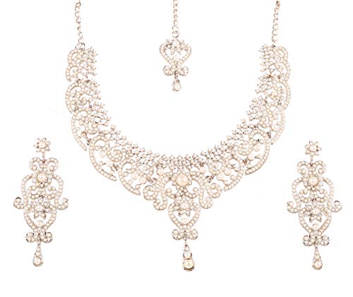 Touchstone NEW! Indian Bollywood Fine Filigree White Faux Pearls Grand Bridal Jewelry Necklace Set In Silver Tone For Women.