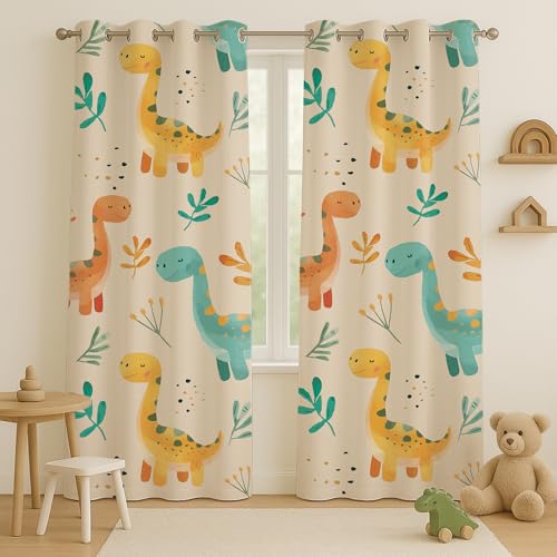 Image of STITCHNEST Velvet Kids Curtains Pack of 2 | Cute Dinosaur Jungle Print | Semi Blackout Curtains for Baby, Toddler & Nursery Room | 5 Feet