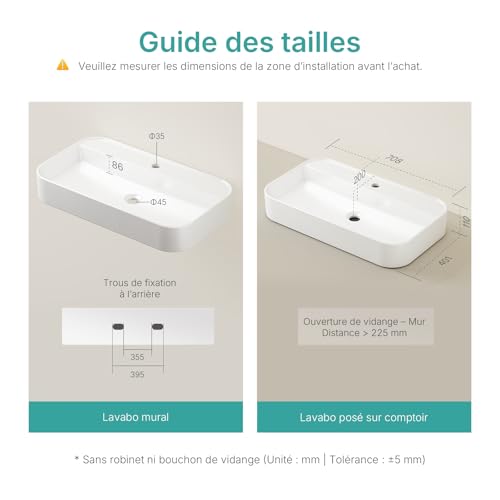 EMKE Aufsatzwaschbecken rechteckig – Waschbecken für Badezimmer und Gäste-WC – 70 × 40 × 11 cm, Keramikwaschbecken, weiß