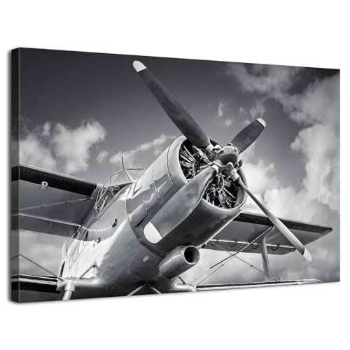 Airplane Wall Art Black and White Wall Decor for Men Bedroom Vintage Airplane Propeller Canvas Prints Pictures Retro Military Fighter Painting Artwork for Office Living Room Home Decoration 16x24”