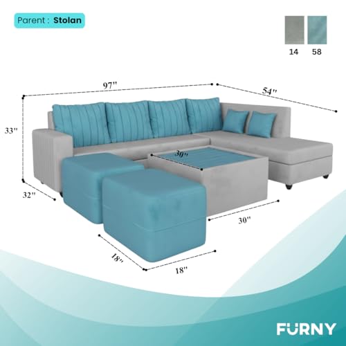 Image of CASASTYLE Stylano 8 Seater Fabric RHS L Shape Sofa Set with 1 Centre Table & 2 Ottoman (Sky Blue-Light Grey) 8-Person Seating with Premium Velvet Finish