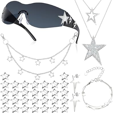 Fingertip WD Y2k Accessories Set Included Star Y2k Grunge Necklace Sunglasses Hip Hop Pants Chain Star Hair Clip Spike Star Earrings Dangle Stars Bracelet, Christmas Jewelry Gift for Women