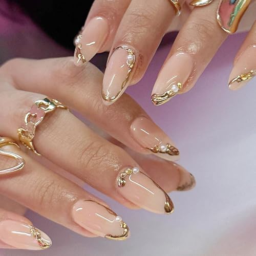 24Pcs Gold French Tip Press on Nails Medium Almond Fake Nails 3D ...