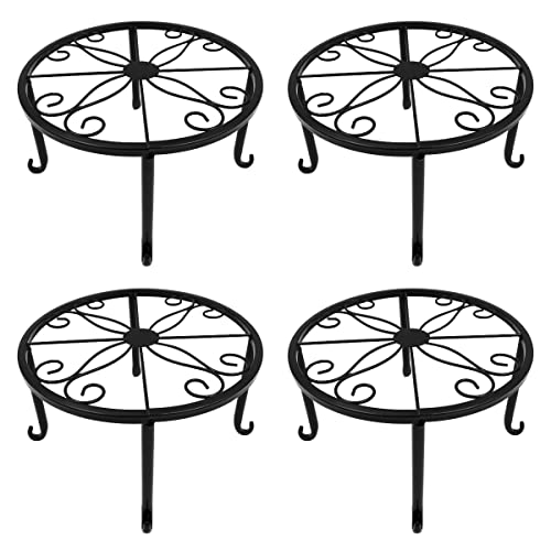 ZONADAH Lot de 4 supports de pot de fleurs ronds résistants en métal pour plantes de jardin Support de pot de fleurs sur le sol Support de plantes pour jardin, balcon, maison, intérieur ou extérieur Cover