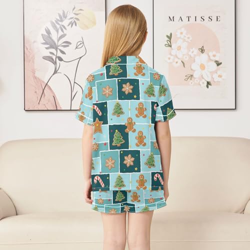 Satin Pajama Sets Short Sleeve Winter Gingerbread Themed Christmas Button Down Silky Nightwear 2 Piece PJS 5-14Y4