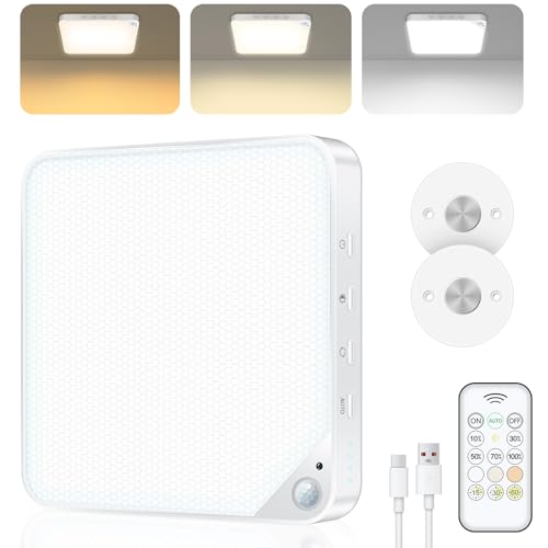 Rechargeable 6W Motion Sensor Ceiling Light Indoor, Wireless Magnetic Stick on Closet Light, Remote Control for Color & Brightness, Battery Operated Light for Shower, Bathroom, Pantry, Hallway, 1-Pack