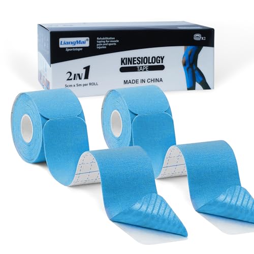 LiangMai Nastro Kinesiologico Pretagliat 2 Rotoli 5 m x 5,0 cm Tape Kinesiologico Precut, kinesio tape Muscolare Cerotto (25 cm x 5 cm ciascuno) 40 Strisce Nastro professionale Fisioterapia Sportivo