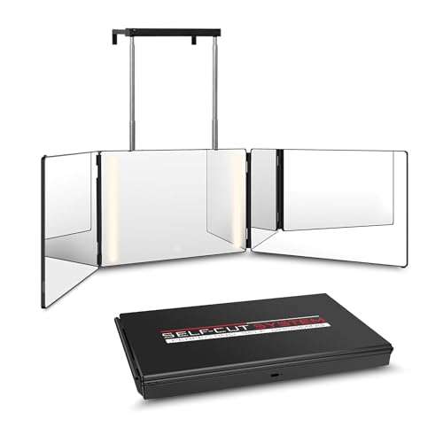 Self-Cut System - 3 Way Mirror With Lights for Self Hair Cutting - Over The Door, Trifold, 360 Degree Barber Mirror (Travel 3.0 LED)