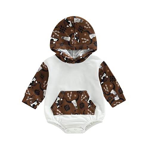 Image of Karuedoo Western Baby Boy Girl Clothes Cow Print Hoodie Sweatshirt Romper Oversized Color Block Long Sleeve Onesie Outfit (A Coffee Cow Print, 0-6 Months)