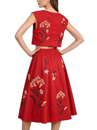 Image of Women Floral Embroidery Dress Sleeveless 2 Piece Tank Top and Skirt Loose Fit Boho Dress