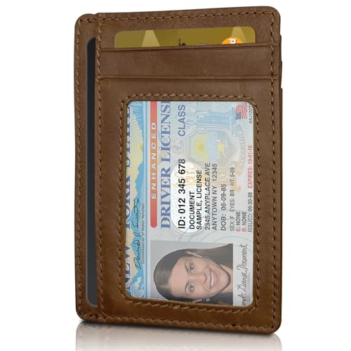 RFID Blocking Slim Genuine Leather Credit Card Holder Front Pocket Wallet for Men with ID Card Window Work Travel (Seattle Brown)