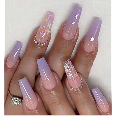 BSLVWG False Nails Long Fake Nails Gold Foil Press on Nails Ballerina Acrylic Stick on Nails 24pcs for Women and Girls (10) Cover