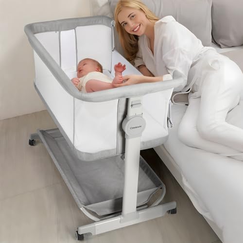 Image of Cowiewie Bassinet Bedside Sleeper, Baby Bassinet 10 Major Functions to Meet All The Needs of Newborn Bedside Bassinets with Wheels (Grey)